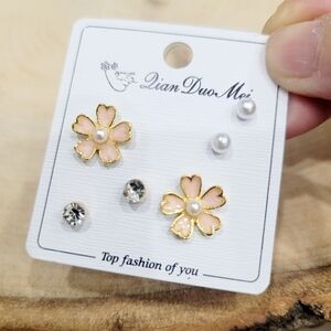 Brand New Set of 3 Gold Tone Pink Flower Earrings